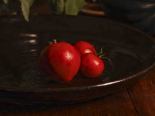 three red tomatoes in brown bowl one shaped like a heart, trois tomates rouges dans un bol brun dont une en forme de c&oelig;ur