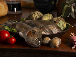 Rainbow Trout with tomatoes, clams, artichokes, shallots, Truite aux tomates, palourdes, artichauts et &eacute;chalotes