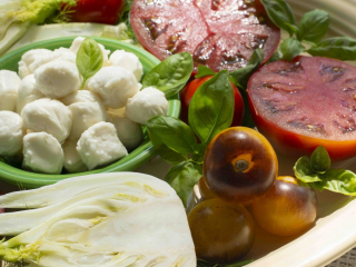 tomatoes, fennel, mozzarella cheese, basil on platter, tomates, fenouil, mozzarella, basilic en plateau