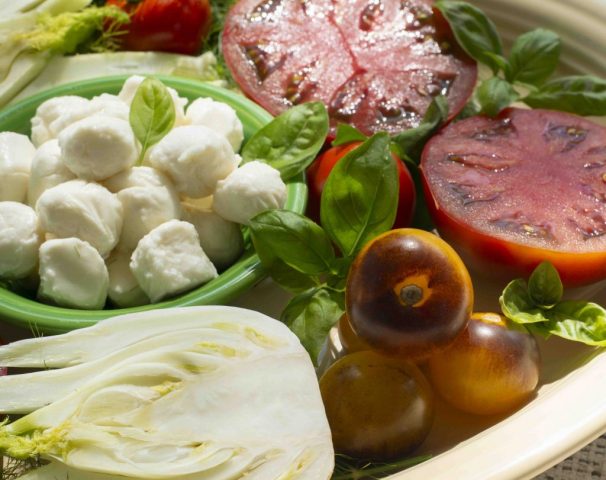 tomatoes, fennel, mozzarella cheese, basil on platter, tomates, fenouil, mozzarella, basilic en plateau