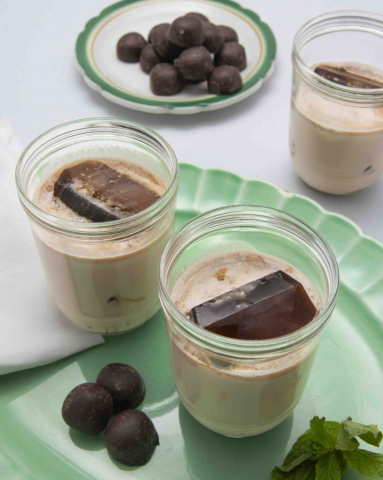 Irish cream with coffee ice cubes on a green platter with mints, Crème irlandaise avec glaçons au café sur un plateau vert avec des menthes